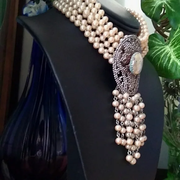 RARE SANDOR 7-Layer Glass Pearl Choker w L W PARIS Cut Steel Slide Buckle - Picture 3 of 16